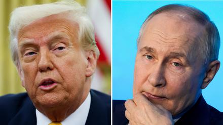 Die Kombo aus Archivbildern zeigt US-Präsident Donald Trump (l) im Oval Office des Weißen Hauses am 07.03.2025 und den russischen Präsidenten Wladimir Putin während eines Technologieforums in Moskau am 21.02.2025.