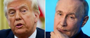Die Kombo aus Archivbildern zeigt US-Präsident Donald Trump (l) im Oval Office des Weißen Hauses am 07.03.2025 und den russischen Präsidenten Wladimir Putin während eines Technologieforums in Moskau am 21.02.2025.