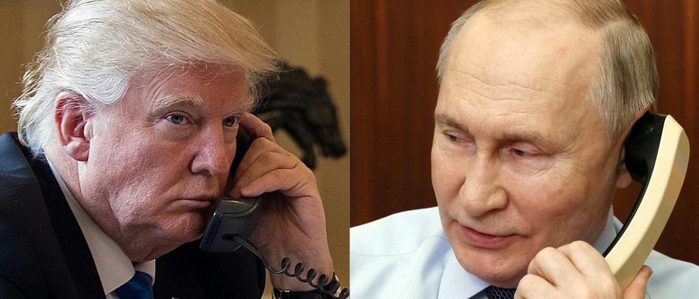 Diese am 18. März 2025 erstellte Bildkombination zeigt Präsident Donald Trump (R) am 28. Januar 2017 in Washington und Russlands Präsident Wladimir Putin (L) am 27. Dezember 2023 in Moskau am Telefon.