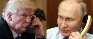 Diese am 18. März 2025 erstellte Bildkombination zeigt Präsident Donald Trump (R) am 28. Januar 2017 in Washington und Russlands Präsident Wladimir Putin (L) am 27. Dezember 2023 in Moskau am Telefon.