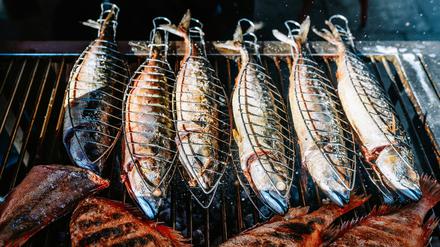 Makrelen und Rotbarsche auf dem Grill von „Steckerlfisch & Co.“.