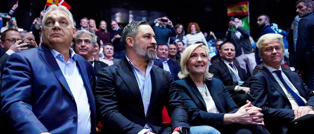 Die neuen Verbündeten Israels: Ungarns Ministerpräsident Viktor Orbán, der Führer der spanischen rechtsextremen Vox-Partei Santiago Abascal, Marine Le Pen von Frankreichs Rassemblement National und Geert Wilders, Chef der niederländischen rechtsextremen Freiheitspartei.