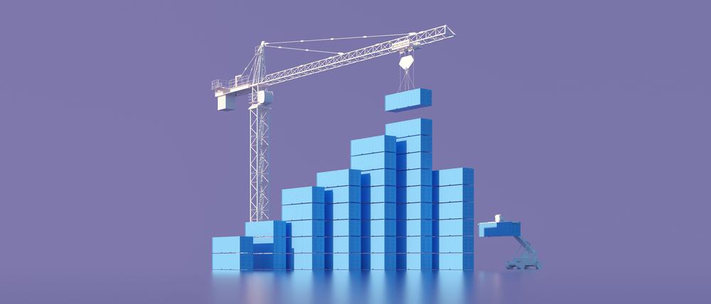 Digitale generierte Bild eines Krans, der ein ansteigendes Balkendiagramm aus Containern auf lila Hintergrund baut.