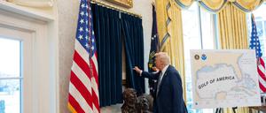 US-Präsident Donald Trump zieht im Oval Office den blauen Vorhang zur Seite, hinter dem die Unabhängigkeitserklärung zu sehen ist. 
