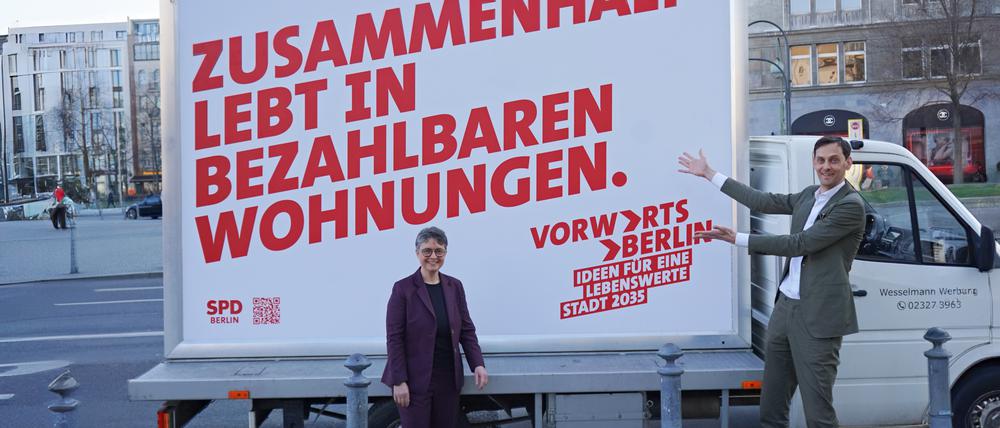 Die Landesvorsitzenden der SPD Berlin Martin Hikel und Nicola Böcker-Giannini stellen am 20.03.2025 die neue Kampagne und den Ideenwettbewerb „Vorwärts Berlin“ 