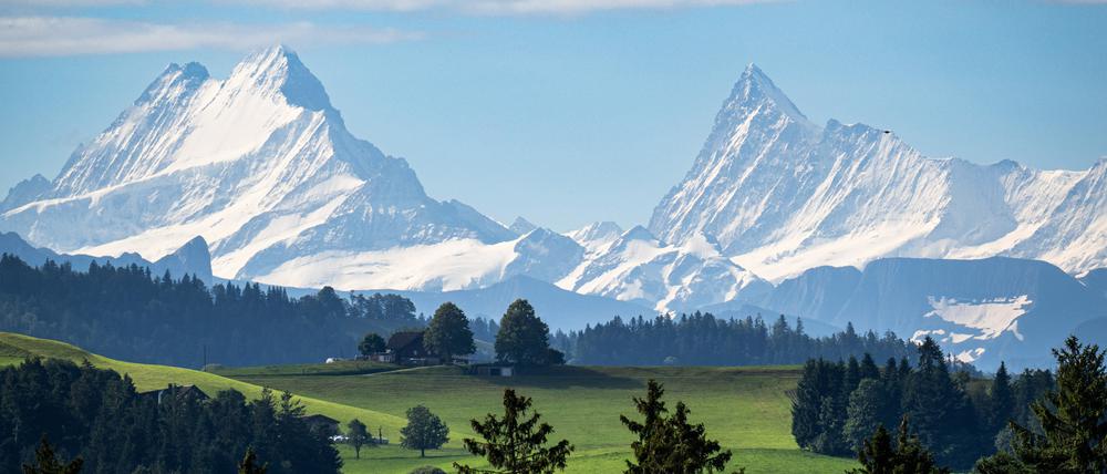 Ein Blick auf die Schönegg (vorne) und die Berner Alpen, mit dem Schreckhorn (l.) und dem Finsteraarhorn.