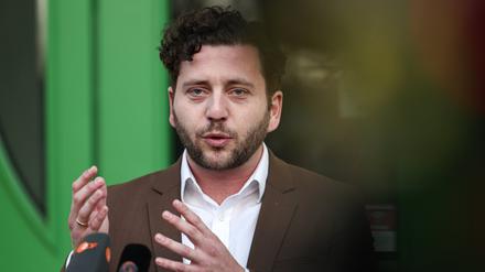 ARCHIV - 08.03.2025, Berlin: Felix Banaszak, Bundesvorsitzender von Bündnis 90/Die Grünen, spricht auf einer Pressekonferenz als Reaktion auf die Sondierungsgespräche zwischen Union und der SPD. (zu dpa: «Dürr will FDP «optimistisches Lebensgefühl» einhauchen») Foto: Hannes P. Albert/dpa +++ dpa-Bildfunk +++
