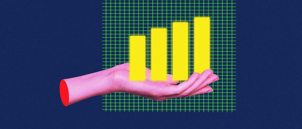 Creative design composite trend artwork collage of human hand hold graphics trader target business income budget visual space development.