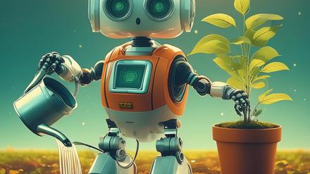 KI-generiertes Bild von einem Roboter, der am Gießen einer Pflanze scheitert. 