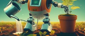 KI-generiertes Bild von einem Roboter, der am Gießen einer Pflanze scheitert. 
