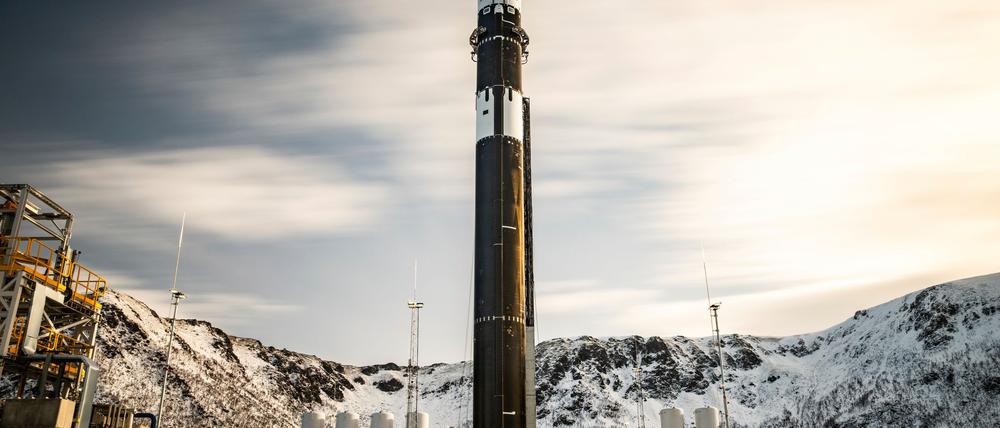 Die Rakete von Isar Aerospace auf dem Startplatz in Norwegen. (Handout)