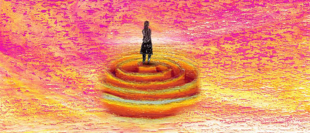Grafik einer Frau, die aus einem Labyrinth in die Ferne schaut (Symbolbild)