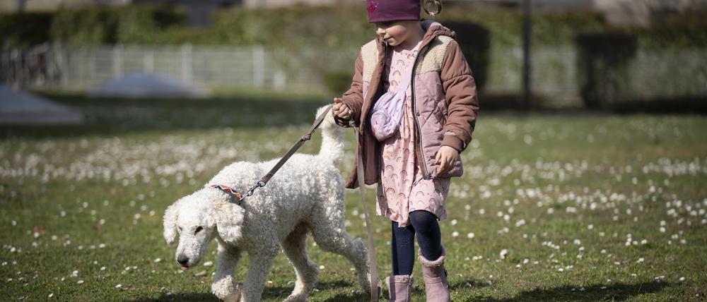 Die an Diabetes erkrankte 6-jährige Fenja mit ihrem Assistenzhund Pudeldame Keks in Frankfurt am Main.
