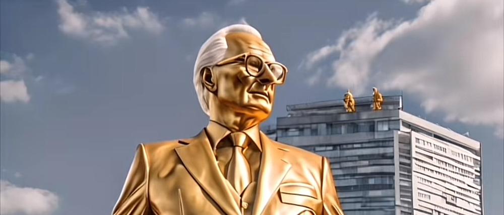 Der Screenshot eines KI-generierten Videos des TikTok-Accounts „DDR-Mondbasis“, zeigt eine fiktive Statue des ehemaligen DDR-Staatschefs Erich Honecker.