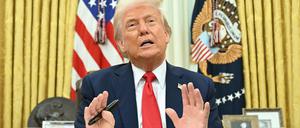 US-Präsident Donald Trump spricht, während er im Oval Office des Weißen Hauses in Washington, DC, am 31. März 2025 eine Verordnung unterzeichnet.