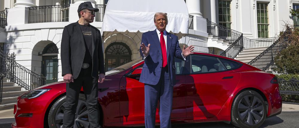Werbekampagne für ein E-Auto: US-Präsident Donald Trump (r) schwärmt vor dem Weißen Haus für einen Tesla, neben ihm Elon Musk.