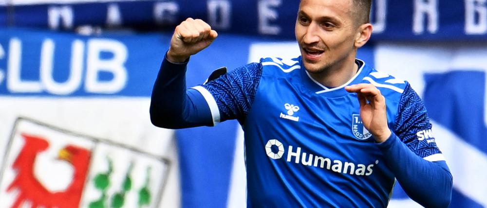 Magdeburgs Baris Atik jubelt über sein Tor zum 2:0.