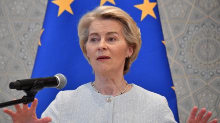 European Commission President Ursula von der Leyen speaks during a joint press conference with European Council President during the EU-Central Asia summit in Samarkand on April 4, 2025. Top EU leaders are in Uzbekistan for a major summit with the heads of five Central Asian states, seeking to press their influence and boost ties in the face of Russian and Chinese competition. (Photo by VYACHESLAV OSELEDKO / AFP)