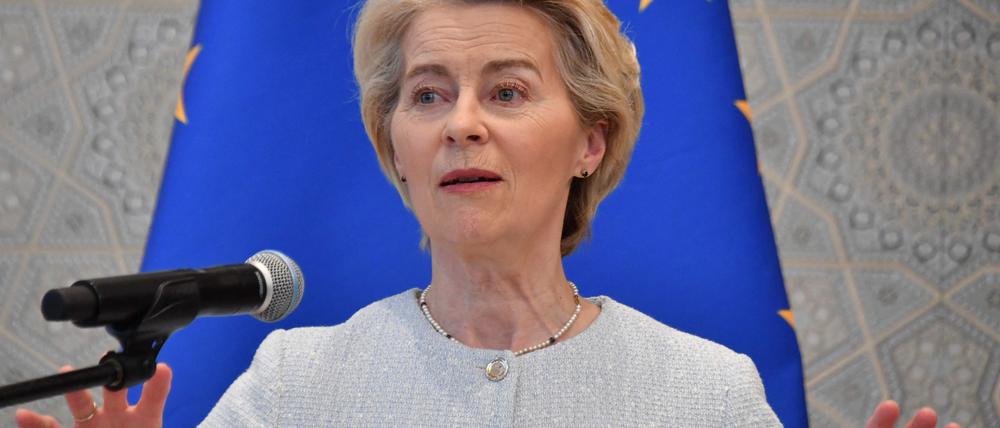 European Commission President Ursula von der Leyen speaks during a joint press conference with European Council President during the EU-Central Asia summit in Samarkand on April 4, 2025. Top EU leaders are in Uzbekistan for a major summit with the heads of five Central Asian states, seeking to press their influence and boost ties in the face of Russian and Chinese competition. (Photo by VYACHESLAV OSELEDKO / AFP)
