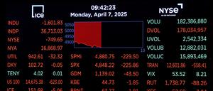 A screen shows trading numbers after the opening of trading on the floor at the New York Stock Exchange (NYSE) in New York City, U.S., April 7, 2025.  REUTERS/Brendan McDermid     