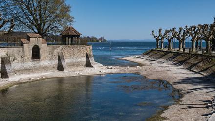 In Konstanz hat das Niedrigwasser die Landverbindung zur Dominikanerinsel am Stadtgarten freigelegt. 