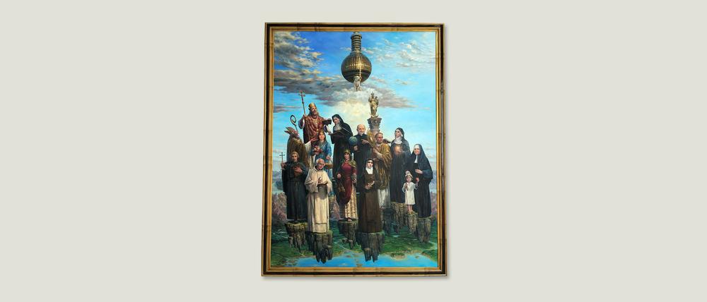 Ostern kommt von Osten. Für Deutschland bedeutsame heilige Frauen und Männer versammelt unter dem Lichtkreuz. 