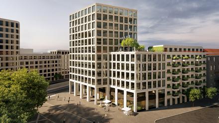 Eine Simulation eines geplanten Büro- und Wohngebäudes am Adenauerplatz in Berlin-Charlottenburg. 