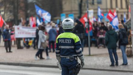 Polizisten beobachten eine Friedensdemo in Potsdam.