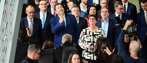 Auf dem Weg zur Präsentation der Verhandlungsergebnisse: Die Spitzen der wahrscheinlichen künftigen Koalition.