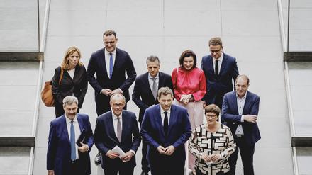Die Parteichefs und künftigen Koalitionäre in der ersten Reihe, von links: CSU-Markus Söder, CDU-Chef Friedrich Merz, SPD-Co-Chef Lars Klingbeil und Saskia Esken, Bundesvorsitzender der SPD.