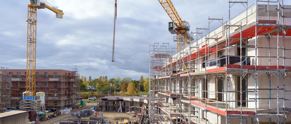 Potsdam: Gerüste stehen an den Rohbauten der Häuser an der Peter-Huchel-Straße. Ein Archivbild aus 2020.