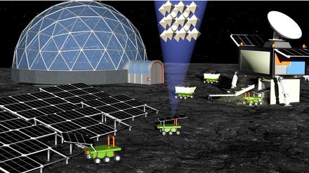 So stellen sich die Wissenschaftler von der Uni Potsdam und der TU Berlin die Produktion von Solarzellen auf dem Mond vor (künstlerische Darstellung).