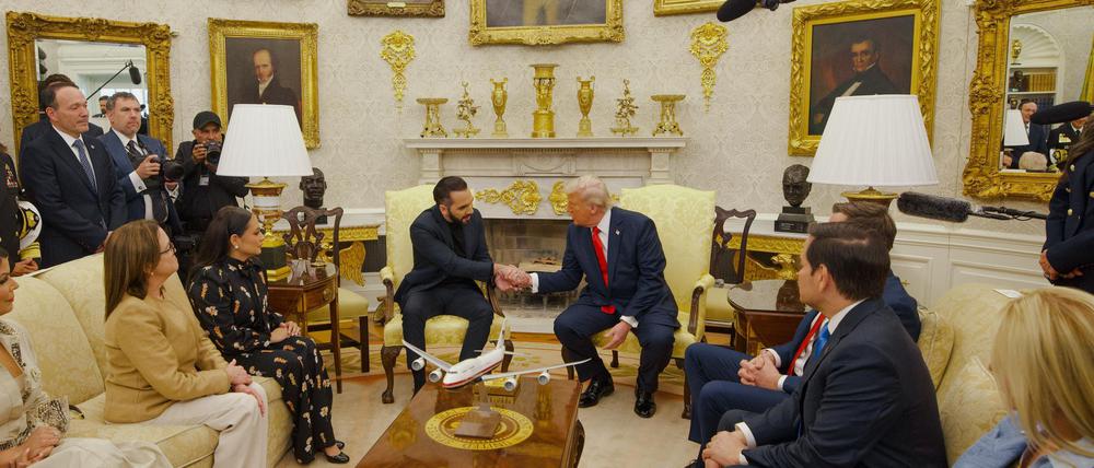 Trump beantwortet bei einem Treffen mit El Salvadors Präsident Fragen der Presse. 