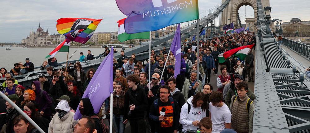 Demonstranten tragen Fahnen während einer Demonstration auf der Kettenbrücke in Budapest, nachdem das ungarische Parlament über Verfassungsänderungen abgestimmt hat.