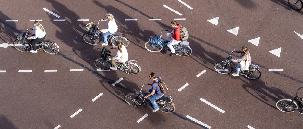 Eine Kreuzung an der Lange Viestraat in Utrecht mit Markierungen für Autos und Fahrräder und mehreren Radfahrern