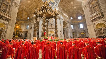 Kardinäle verfolgen im Jahr 2013 im Petersdom die Wahl-Messe „Pro Eligendo Romano Pontifice“. 