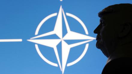 Eine per 3D-Druck hergestellte Büste von US-Präsident Donald Trump vor dem Logo der Nato. 