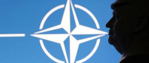 Eine per 3D-Druck hergestellte Büste von US-Präsident Donald Trump vor dem Logo der Nato. 