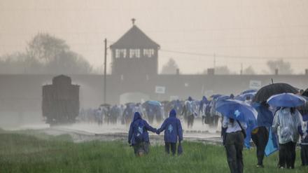 Marsch der Lebenden im Konzentrationslager Auschwitz.