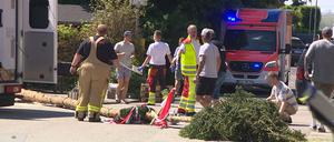 Der umgestürzte Maibaum liegt auf der Straße vor einem Einsatzwagen der Feuerwehr.