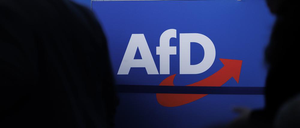 Delegierte gehen vor dem Parteilogo bei dem AfD-Bundesparteitag in Magdeburg.