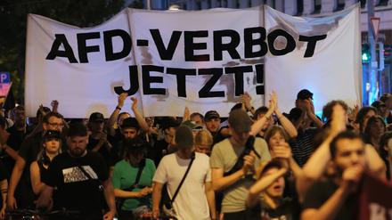 Teilnehmer einer linken Demonstration gehen mit Transparent mit der Aufschrift „AfD- Verbot jetzt!“.