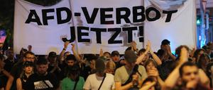 Teilnehmer einer linken Demonstration gehen mit Transparent mit der Aufschrift „AfD- Verbot jetzt!“.