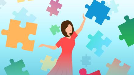 Eine Frau versucht durch die Luft schwebende Puzzleteile einzufangen (Illustration). 