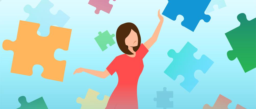 Eine Frau versucht durch die Luft schwebende Puzzleteile einzufangen (Illustration).