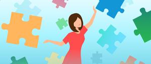 Eine Frau versucht durch die Luft schwebende Puzzleteile einzufangen (Illustration). 