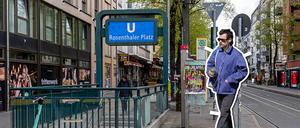 Der britische Musiker Harry Styles vor dem U-Bahnhof Rosenthaler Platz. (Montage)