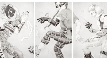 Triptychon von Barbara Lüdde, „ARM.ED/001“, 2022, Tusche auf Papier.