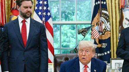 US-Präsident Donald Trump macht eine Handelsankündigung, während US-Handelsminister Howard Lutnick (L), US-Vizepräsident JD Vance (2L) und der britische Botschafter in den Vereinigten Staaten, Peter Mandelson (R), im Oval Office des Weißen Hauses in Washington, DC, am 8. Mai 2025 zusehen.