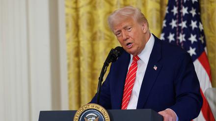 Donald Trump spricht im Weißen Haus vor Journalisten.